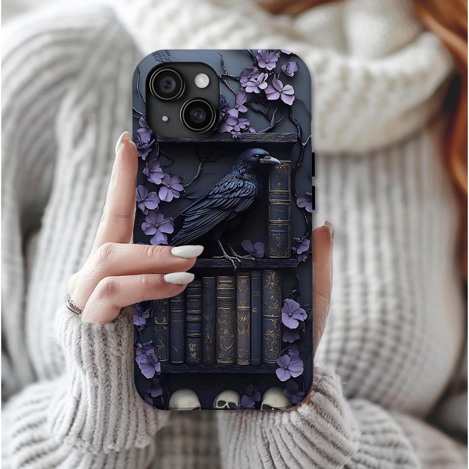 Raven, Antique Books, Purple Flowers and Skulls Tough Phone Case for ...
