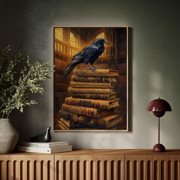 Raven On Antique Books Wall Art - Gothic Literature Decor With Intricate Library Backdrop For Unique And Spooky Ambiance Wall Art, Modern Wall Decor, 12x18 UNFRAMED