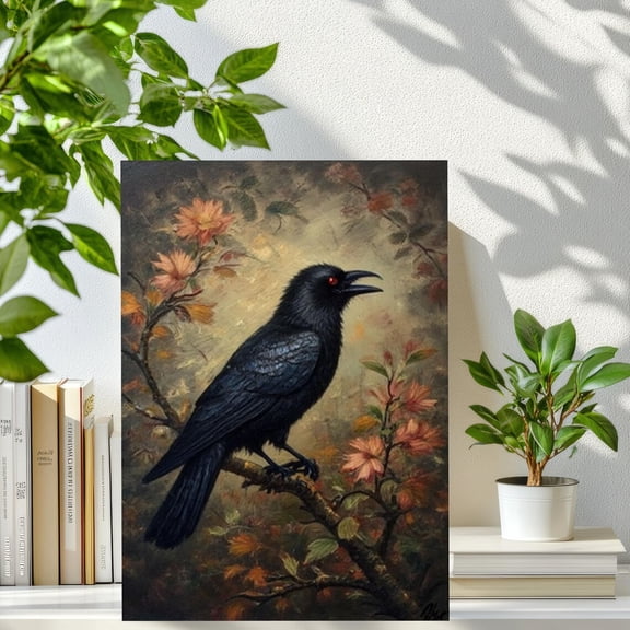 Raven Art Print, Gothic Crow on Autumn Branch, Dark Academia Decor, Stretched Canvas 8x10in