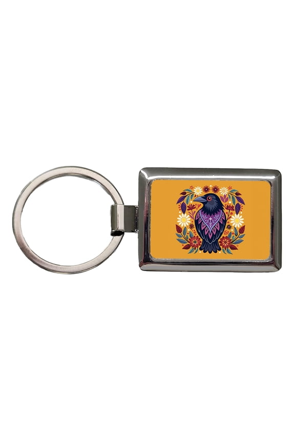 Raven Bird Floral Flowers Metal Rectangle Keychain
