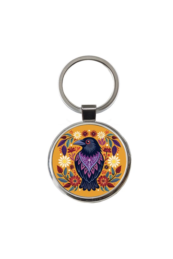Raven Bird Floral Flowers Metal Round Keychain