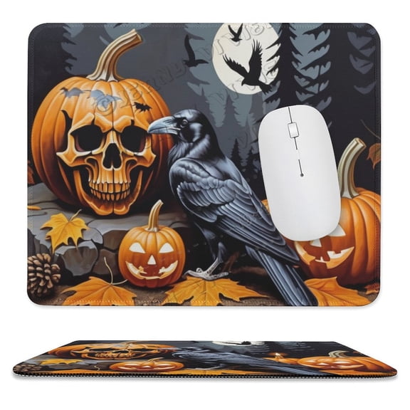 Raven Bird Pumpkin and Skeleton Print Mouse Pad with Stitched Edge,Premium-Textured Mouse Mat, Non-Slip Rubber Base Mousepad for Laptop, Computer & PC 10"x12"