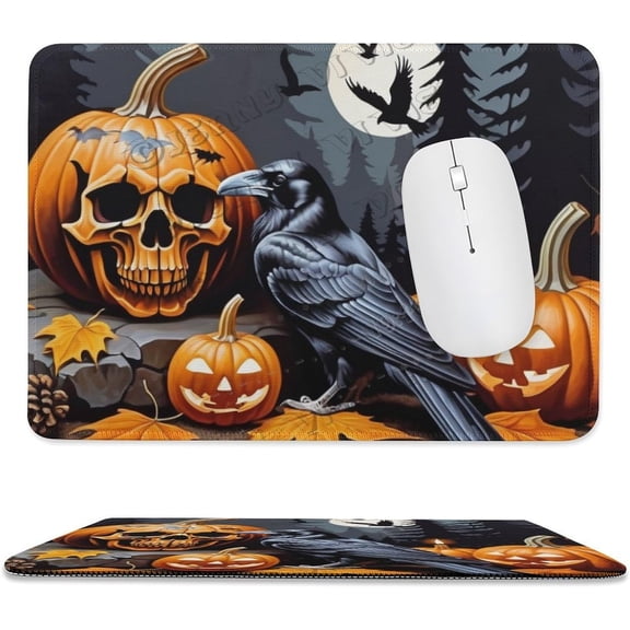 Raven Bird Pumpkin and Skeleton Print Mouse Pad with Stitched Edge,Premium-Textured Mouse Mat, Non-Slip Rubber Base Mousepad for Laptop, Computer & PC 8"x10"