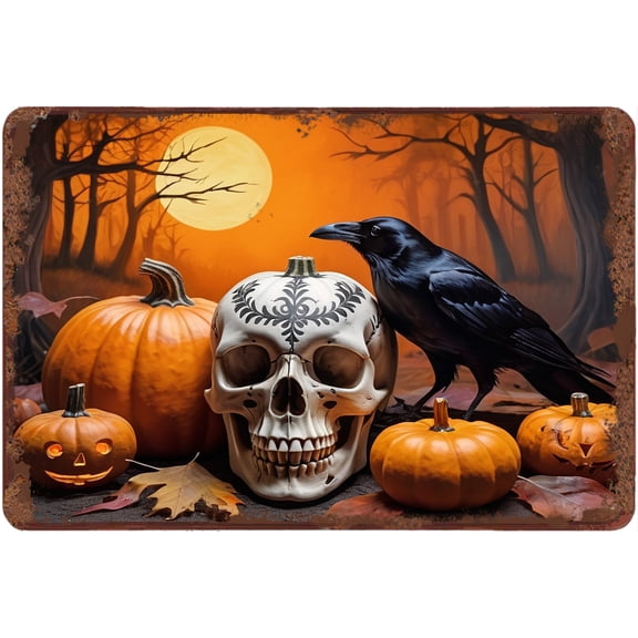 Raven Bird Pumpkin and Skull Vintage Aluminum Sign Happy Halloween All Saints' Day Decor Halloween Decorations for Yard Home Parties Haunted House Décor 12"x16"