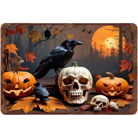 Raven Bird Pumpkin and Skull Vintage Aluminum Sign Happy Halloween Party Decor All Saints' Day Decor Halloween Outdoor Decorations for Yard Home Parties Haunted House Décor 12"x16"