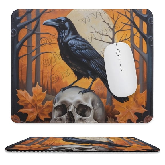 Raven Bird and Skeleton Print Mouse Pad with Stitched Edge,Premium-Textured Mouse Mat, Non-Slip Rubber Base Mousepad for Laptop, Computer & PC 10"x12"