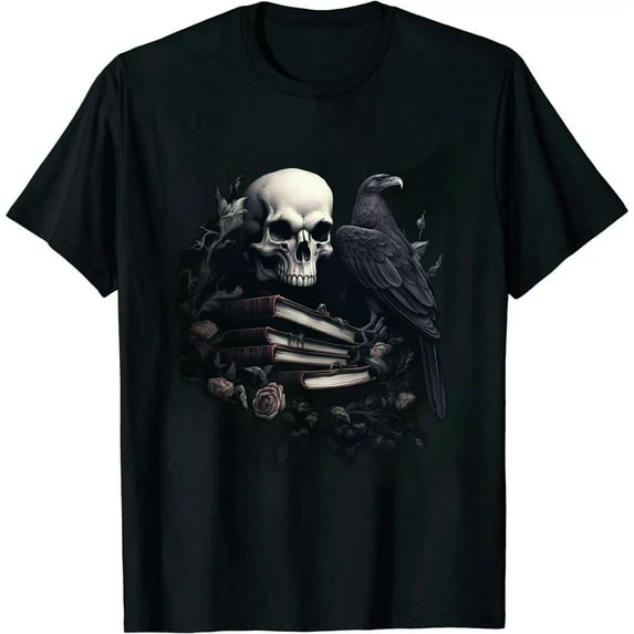 Raven Bird, Skull And Books Witchy Occult Academia Symbolism T-Shirt