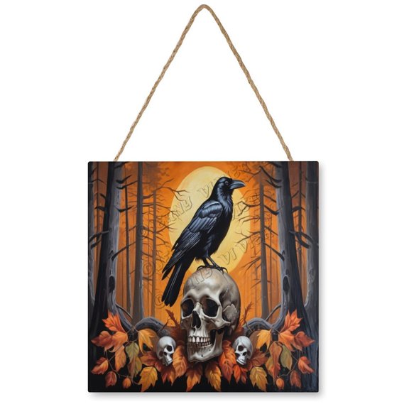 Raven Bird & Skull Wooden Hanging Sign Scary Skeleton Decor Happy Halloween Patty Decor All Saints' Day Decor Horror Wood Wall Art Halloween Festivities Indoor Decor 12"x12"