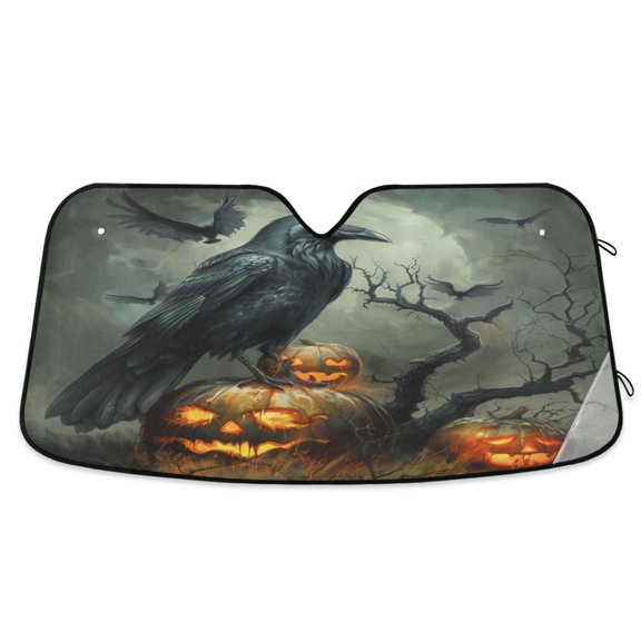 Raven Bird and Pumpkins Car Windshield Sun Shade Foldable Car Front Window Visor Heat and UV Protection 53x23.5