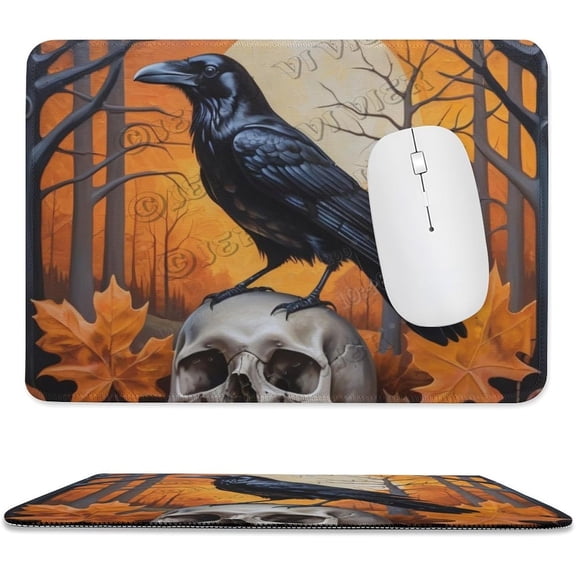 Raven Bird and Skeleton Print Mouse Pad with Stitched Edge,Premium-Textured Mouse Mat, Non-Slip Rubber Base Mousepad for Laptop, Computer & PC 8"x10"
