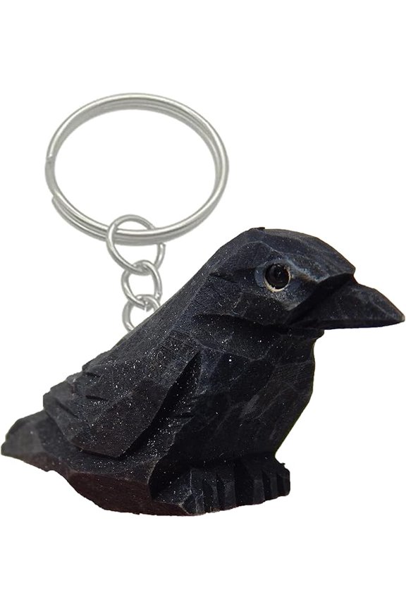 Raven Black Bird Crow Keychain Ring Hook Clip Charm Miniature Wood Mini Figurine Small Animal