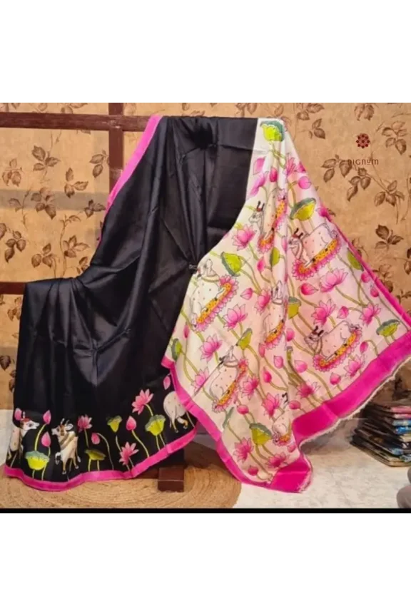 Raven Black Pure Silk Hand Painted Kalamkari Pure Saree