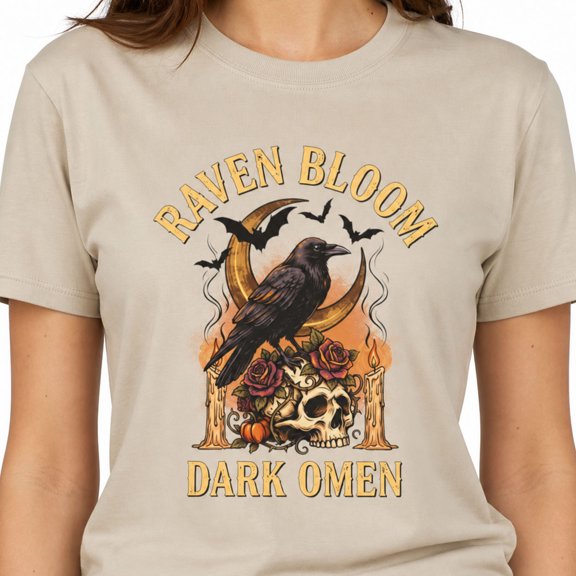Raven Bloom Dark Omen Graphic T-Shirt, Gothic Halloween Unisex Tee, Size S