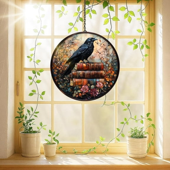 Raven Book GLASS SUNCATCHER Raven Window Hanging Book Lover Gift Halloween Gift House Decor Spooky Season Gothic Raven Lovers Gift