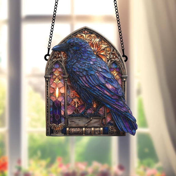 Raven Book Suncatcher Faux Stained Glass Window Hanging with Gothic Arch, Candlelight Glow and Dark Academia Decor
