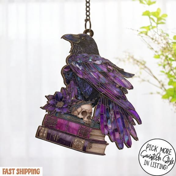 Raven Books Acrylic Suncatcher Gothic Crow Window Hanging Library Decor Gift