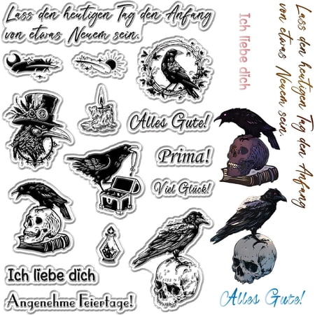 Raven Clear Stamps German Text Skull Reusable Postmark Transparent Silicone Stamp Seals for Journaling Card Making Decor DIY Scrapbooking Film Frame Photo Album Decorative DIY