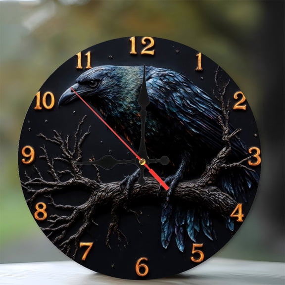 Raven Clock Wall Decor Gothic Home Decor 10-Inch Silent Wooden Wall Clock, Battery Operated (AA Batteries Not Included), Artistic Home Decor