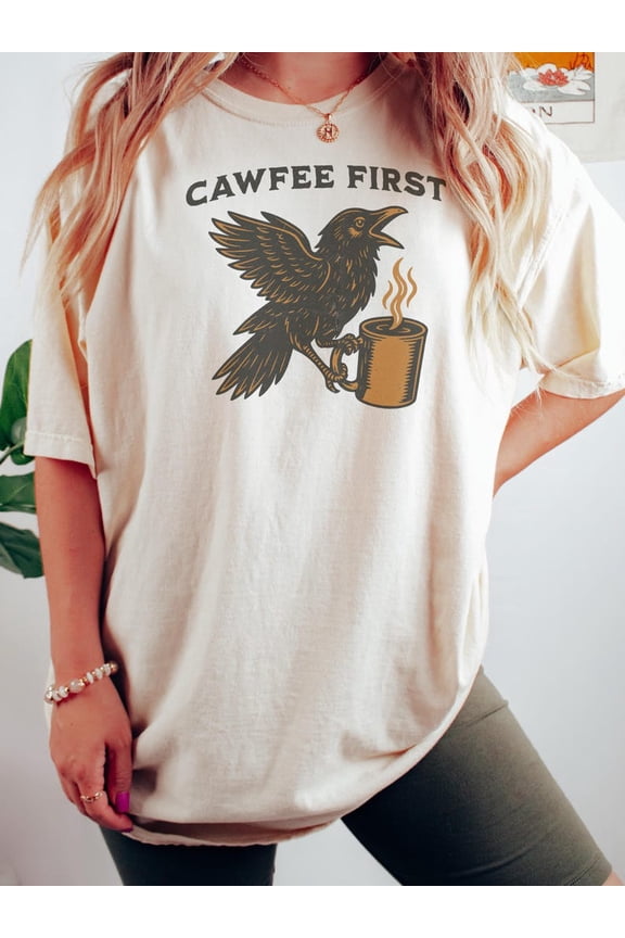 Raven Coffee Shirt, Cawfee First Crow Tee, Spooky Gothic Bird Lover, Cozy Morning Coffee Crewneck, Raven Barista Shirt All Size S-5Xl
