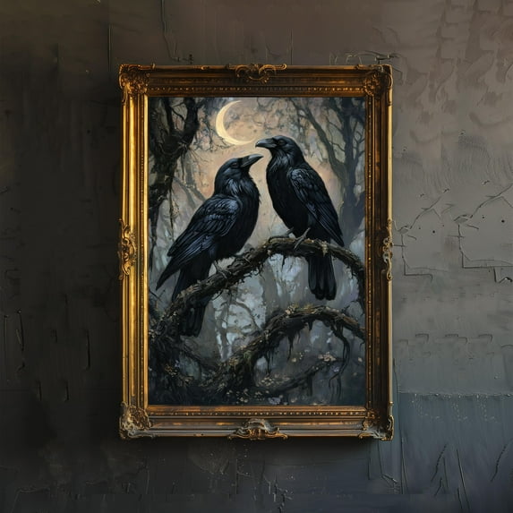 Raven Couple Dark Academia Cottagecore Art Print Moody Gothic Wall Art Vintage Nature Poster for Living Room Bedroom or Gallery Wall