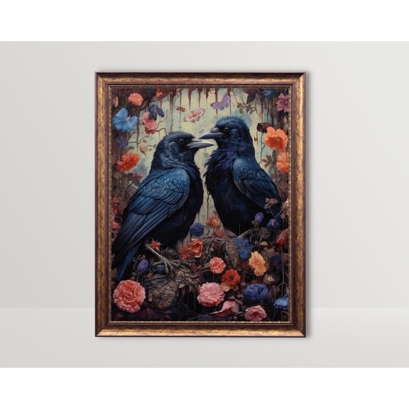 Raven Couple, Dark Botanical Gothic Cottagecore Art, Moody Vintage, Goth Wall Art, Dark Academia Poster, Floral Crow Decor45, Unframed Poster Size 16x24