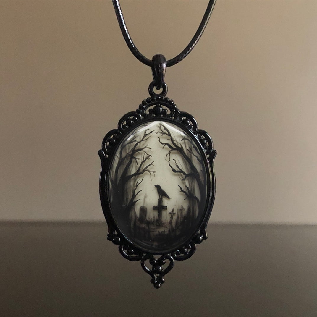 2 Pcs Raven Cross Cameo Pendant Necklace - Vintage Gothic Rope Chain Choker For Men & Women