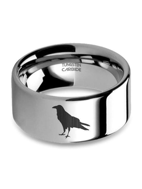Raven Crow Bird Laser Engraved Silver Polished Tungsten Ring, 10mm, Size 11