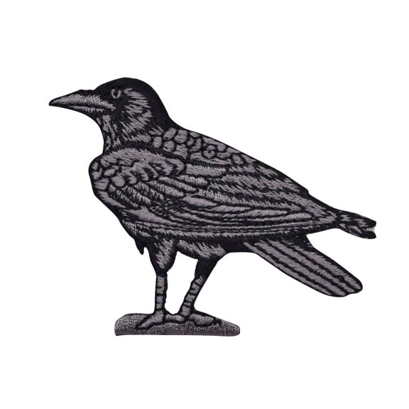 Raven/Crow - Black/Gray - Facing Left - Birds - Iron On Embroidered Applique Patch