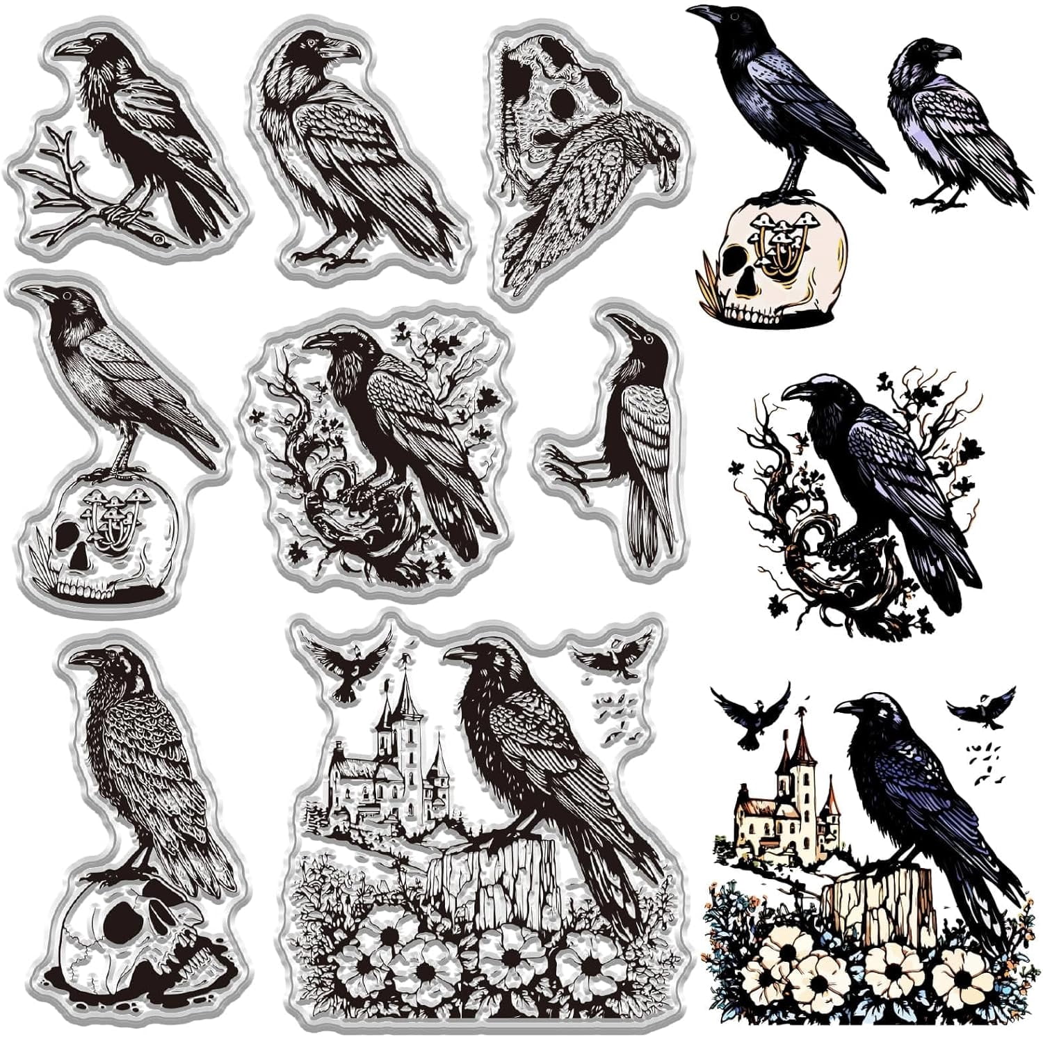 Raven Crow Clear Stamp for Card Making Bird Bone Gothic Rubber Silicone ...