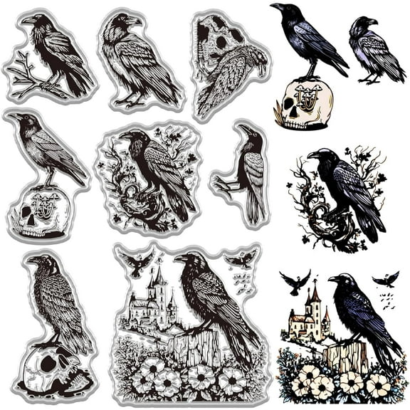 Raven Crow Clear Stamp for Card Making Bird Skull Bone Gothic Rubber Silicone Reusable Transparent Seal for Envelope Journaling DIY Scrapbooking Embossing Album Photo Craft Decor Plastic
