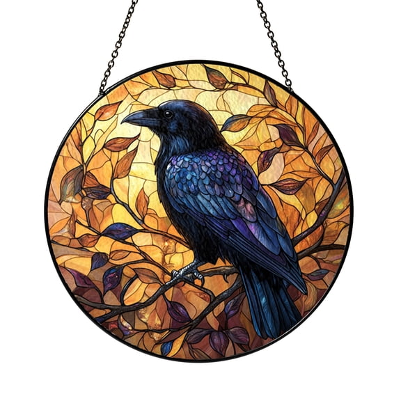 Raven Crow Stained Glass Window Hanging with Dark Gothic Style, Spooky Bird Decor for Halloween Home Display