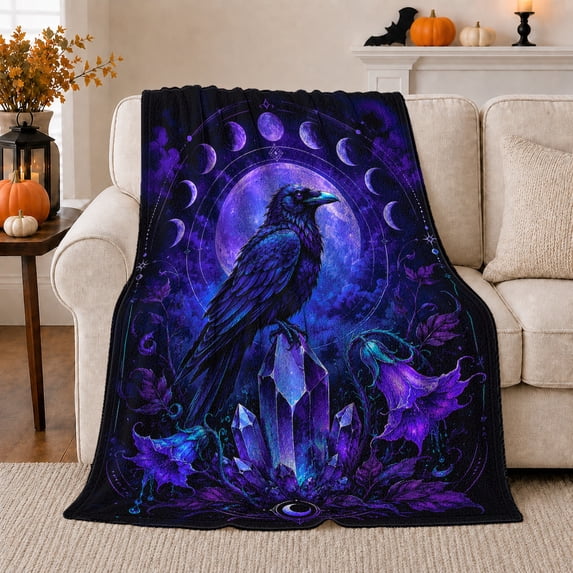 Raven on Crystals with Moon Phases Purple Flowers and Night Sky, Mystical Celestial Wildlife Art for Raven Lovers, Soft Flannel Blanket for Bedroom and Reading Nook, Halloween Gift, Home Decor
