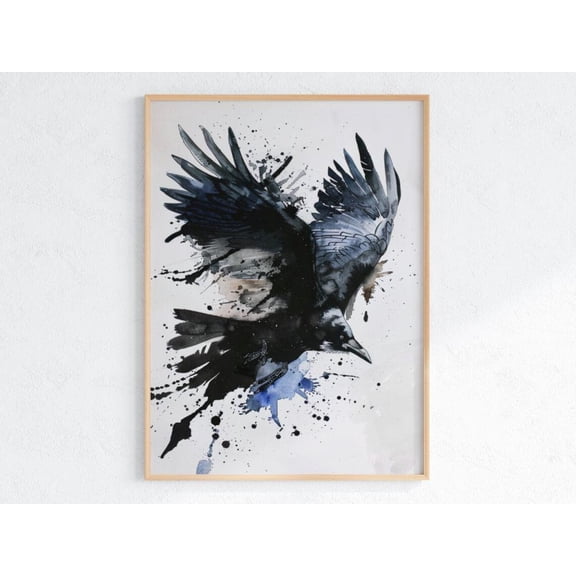 Raven Diving Ink Splash Art Print Abstract Crow Wall Decor Gothic Black Bird Corvid Art Dark Nature Print Witchy Gift, Unframed Paper Print