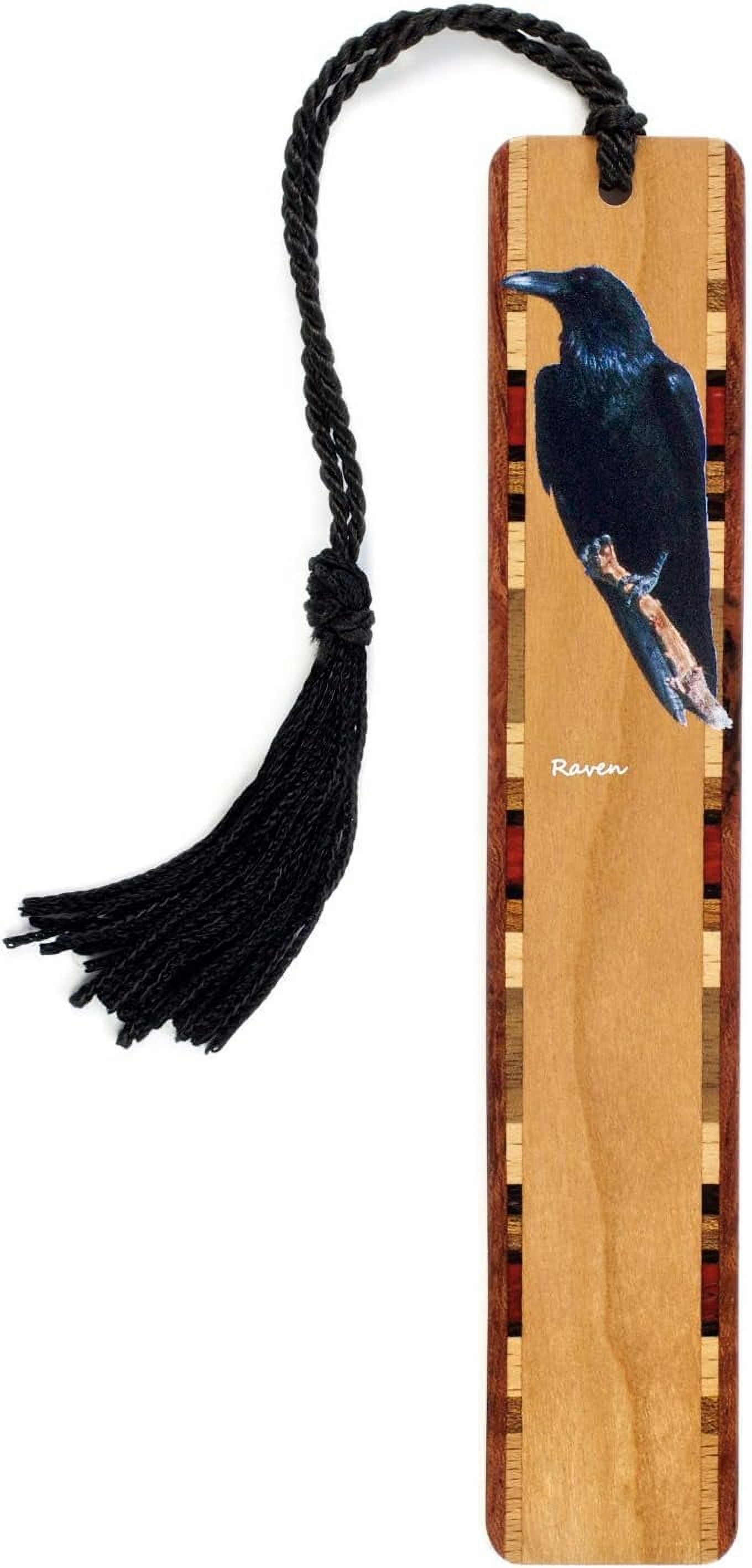 Double Sided Raven Bird Wooden Bookmark - Handmade In USA, Cherry Wood, With Black Tassel