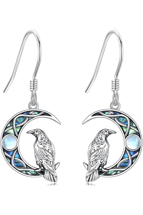 Raven Earrings 925 Sterling Silver Moonstone Abalone Shell Moon Crow Dangle Earrings Raven Jewelry Gift for Women Raven Lovers