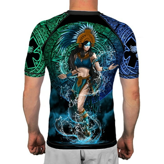 Raven Fightwear Men's Aztec Water Goddess Chalchiuhtlicue Short Sleeve BJJ Rash Guard MMA Black X-Large