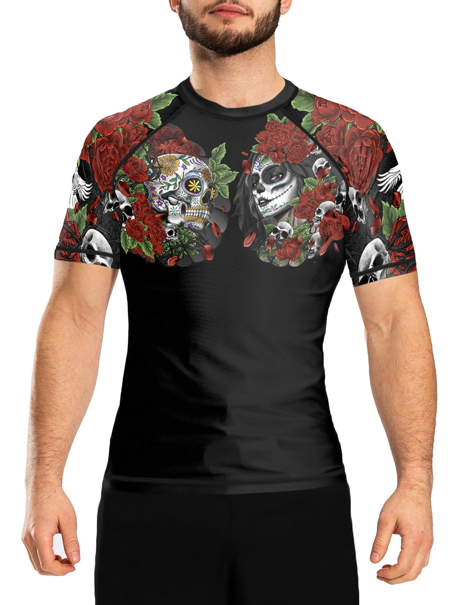 Raven Fightwear Men's Calaveras y Rosas BJJ Rash Guard Short Sleeve MMA ...