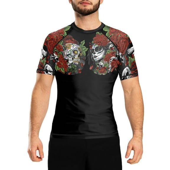 Raven Fightwear Men's Calaveras y Rosas BJJ Rash Guard Short Sleeve MMA Black