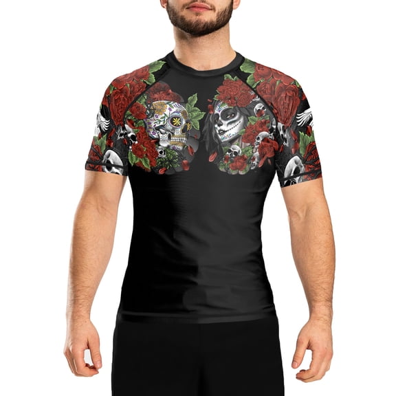 Raven Fightwear Men's Calaveras y Rosas BJJ Rash Guard Short Sleeve MMA Black