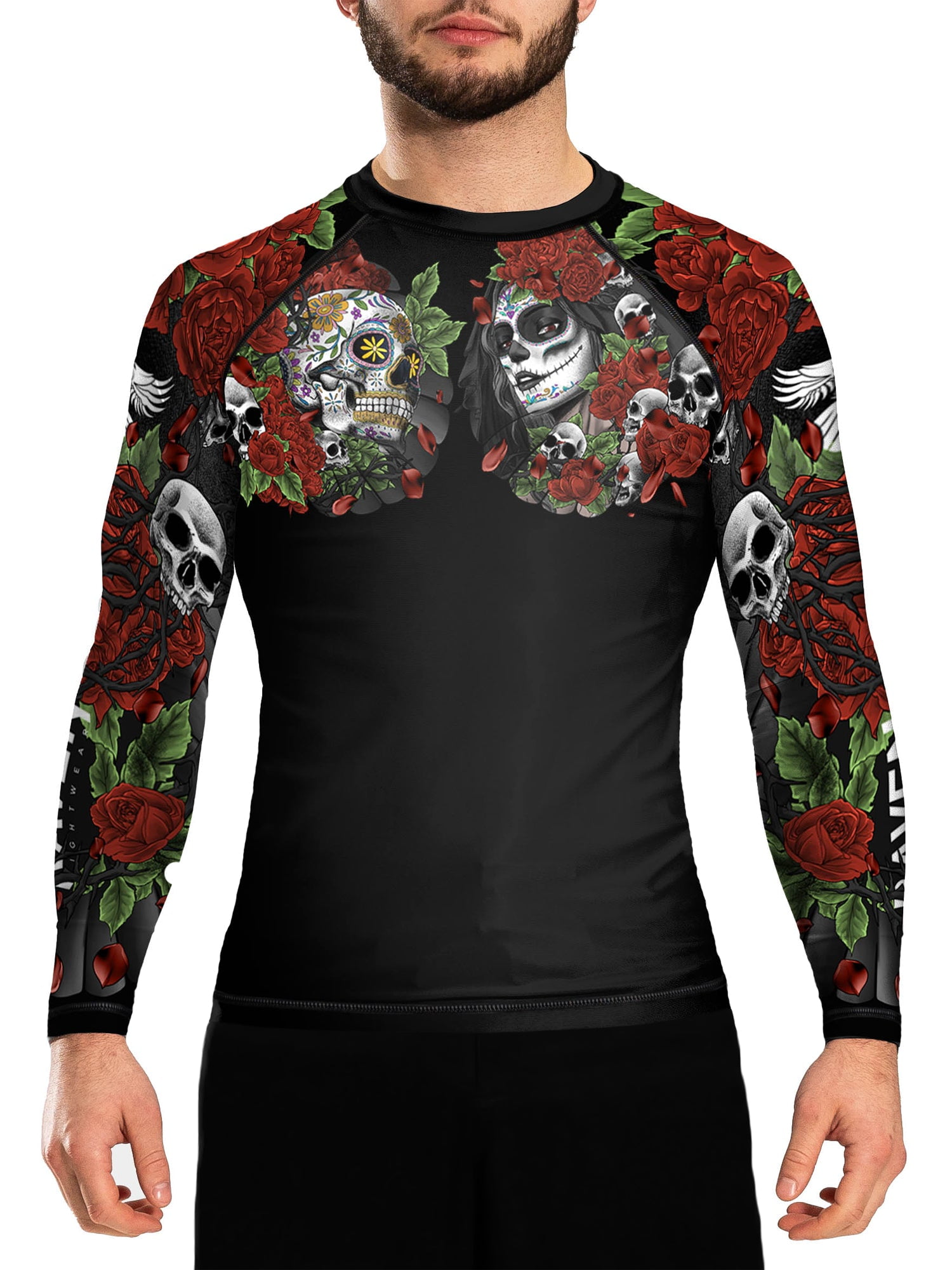 Raven Fightwear Men's Calaveras y Rosas Rash Guard BJJ MMA Black ...