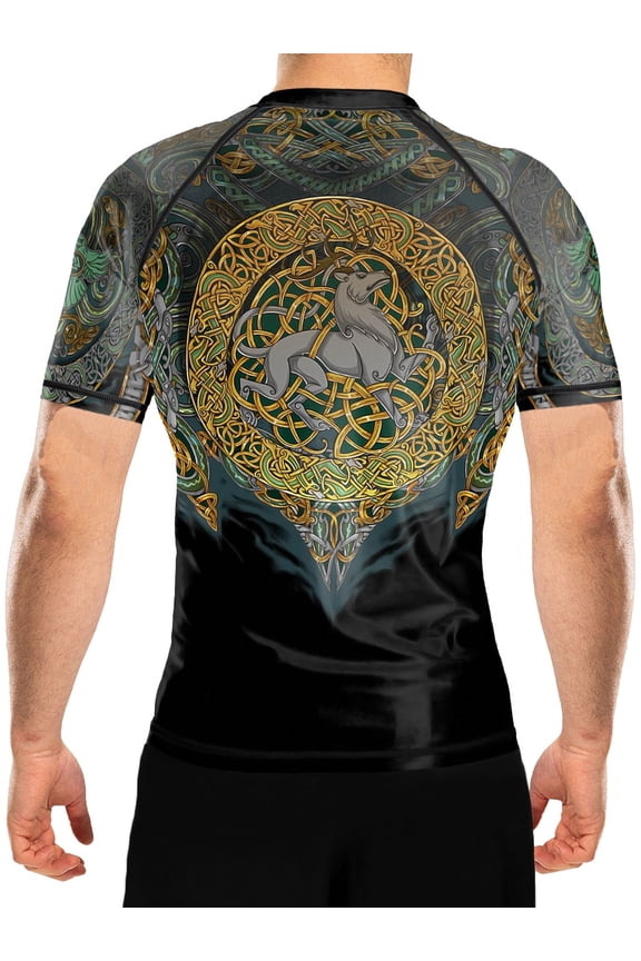 Men's Celtic Rash Guard Short Sleeve BJJ MMA Black/Green