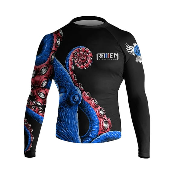 Raven Fightwear Men's Kraken Octopus BJJ Rash Guard MMA Red/White/Blue Small