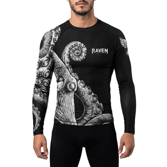 Raven Fightwear Men's Kraken Octopus IBJJF Approved Rash Guard White Medium