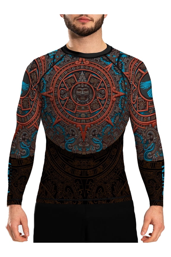 Men's Mexica Aztec Calendar BJJ Rash Guard MMA Black