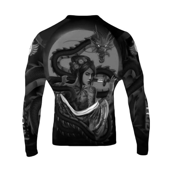 Raven Fightwear Men's The illustrated Geisha Dragon BJJ Rash Guard MMA Black Edition