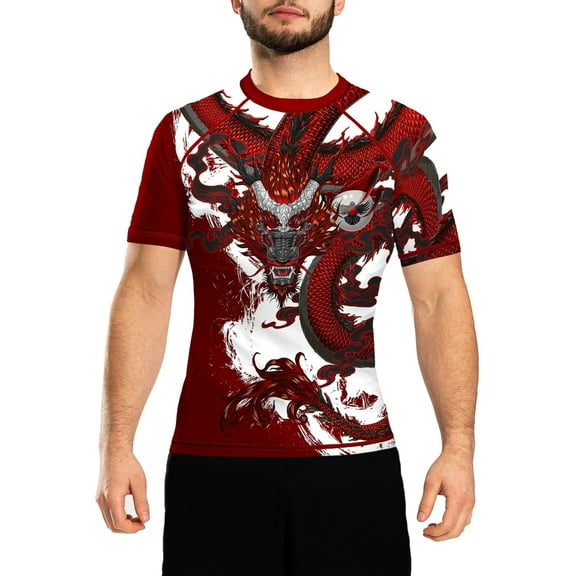 Raven Fightwear Men's Year of the Dragon Rash Guard Short Sleeve BJJ MMA Red