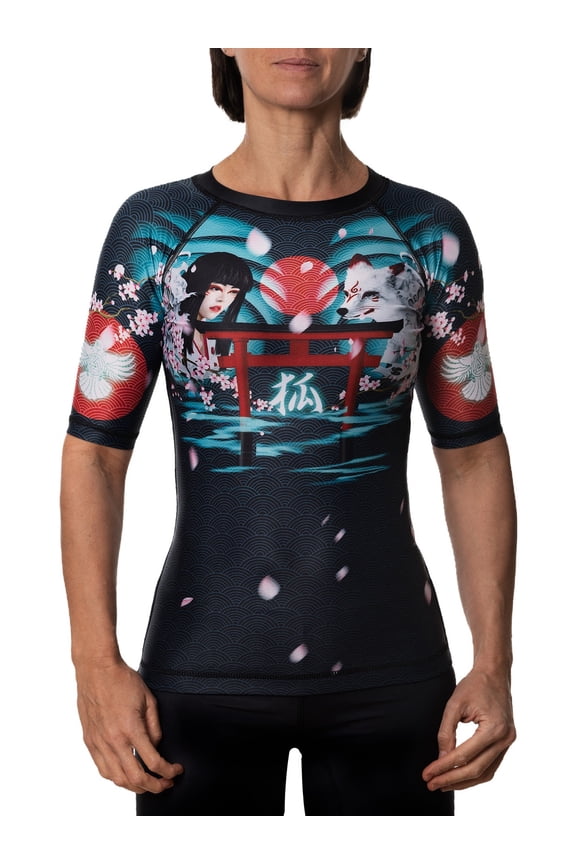 Women's Kitsune Fox Short Sleeve BJJ Rash Guard MMA Black