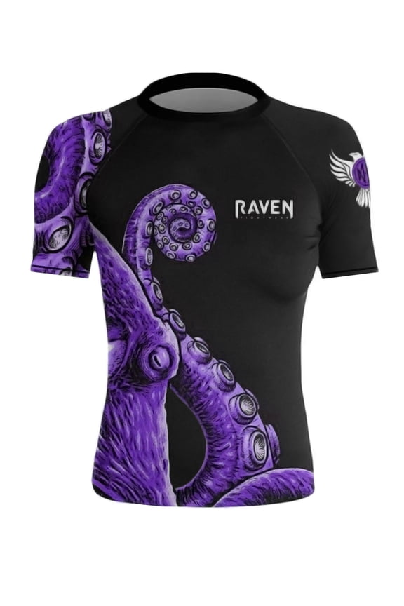 Women's Kraken Octopus BJJ Rash Guard Short Sleeve MMA Black/Purple
