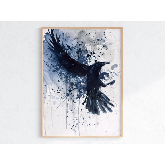 Raven in Flight Ink Wash Art Print, Abstract Crow Wall Decor, Gothic Bird Poster, Dark Watercolor Art, Moody Black Bird Print, Nature Lover, Poster Only