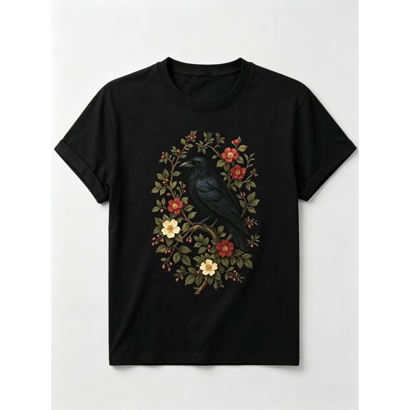 Raven Floral T-Shirt Botanical Crow Graphic Tee Women Men Casual Top
